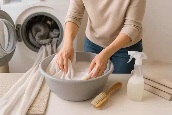 person tvättar gardiner, mattor och sofföverdrag, där vissa läggs i tvättmaskinen och andra tvättas för hand i en balja